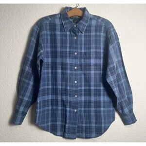 Ralph Lauren Blue Plaid Button up Shirt Blouse Monogram pocket 100% Line…